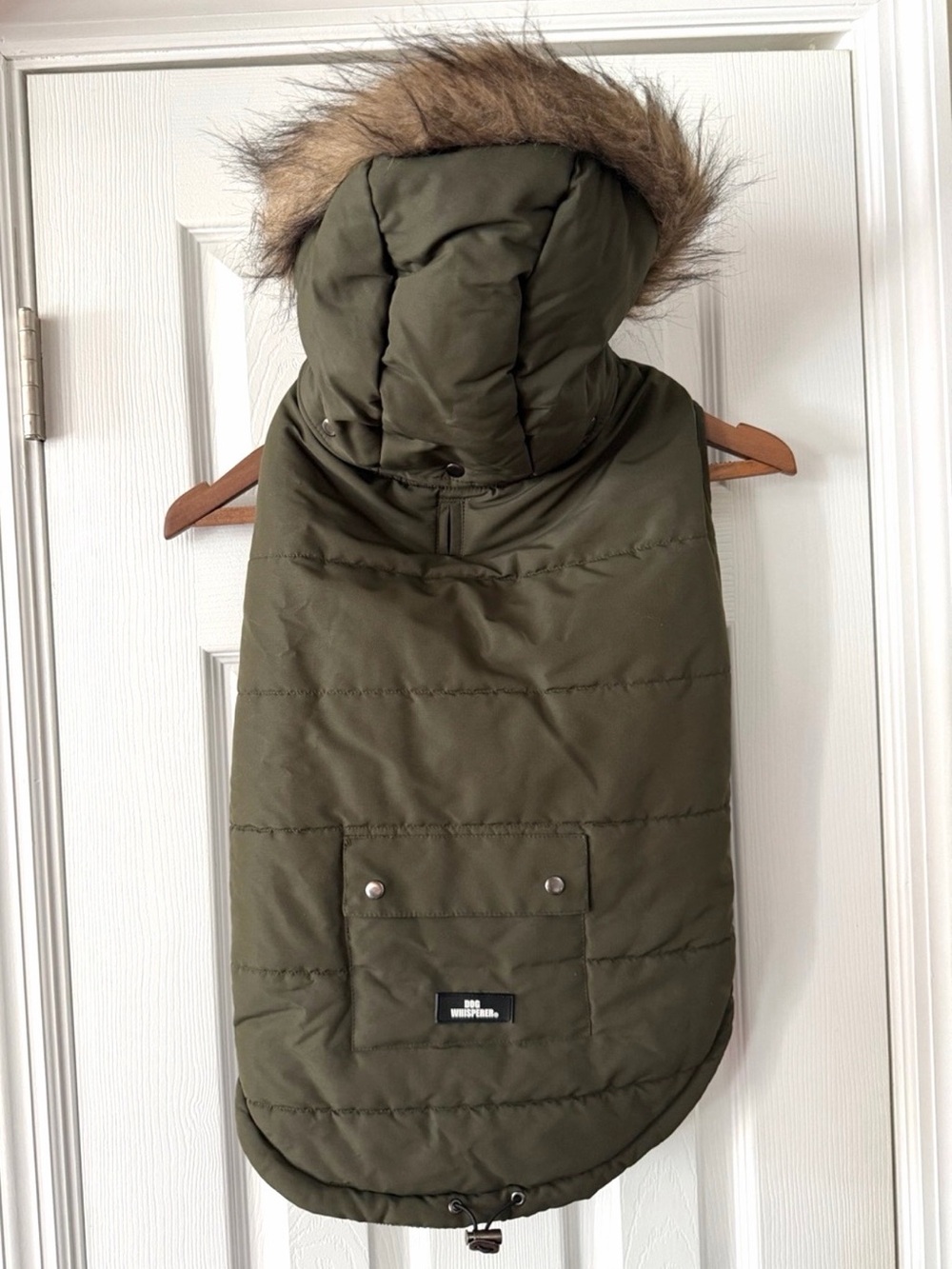 Dog Whisperer XL Olive Green Puffer Dog Coat Faux Fur Hood Winter Jacket